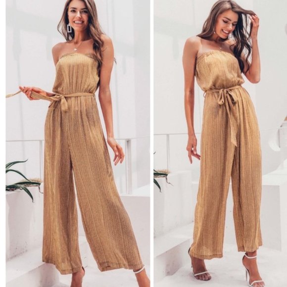 Pants - Striped Strapless Tie Waist Wide Leg Jumpsuit